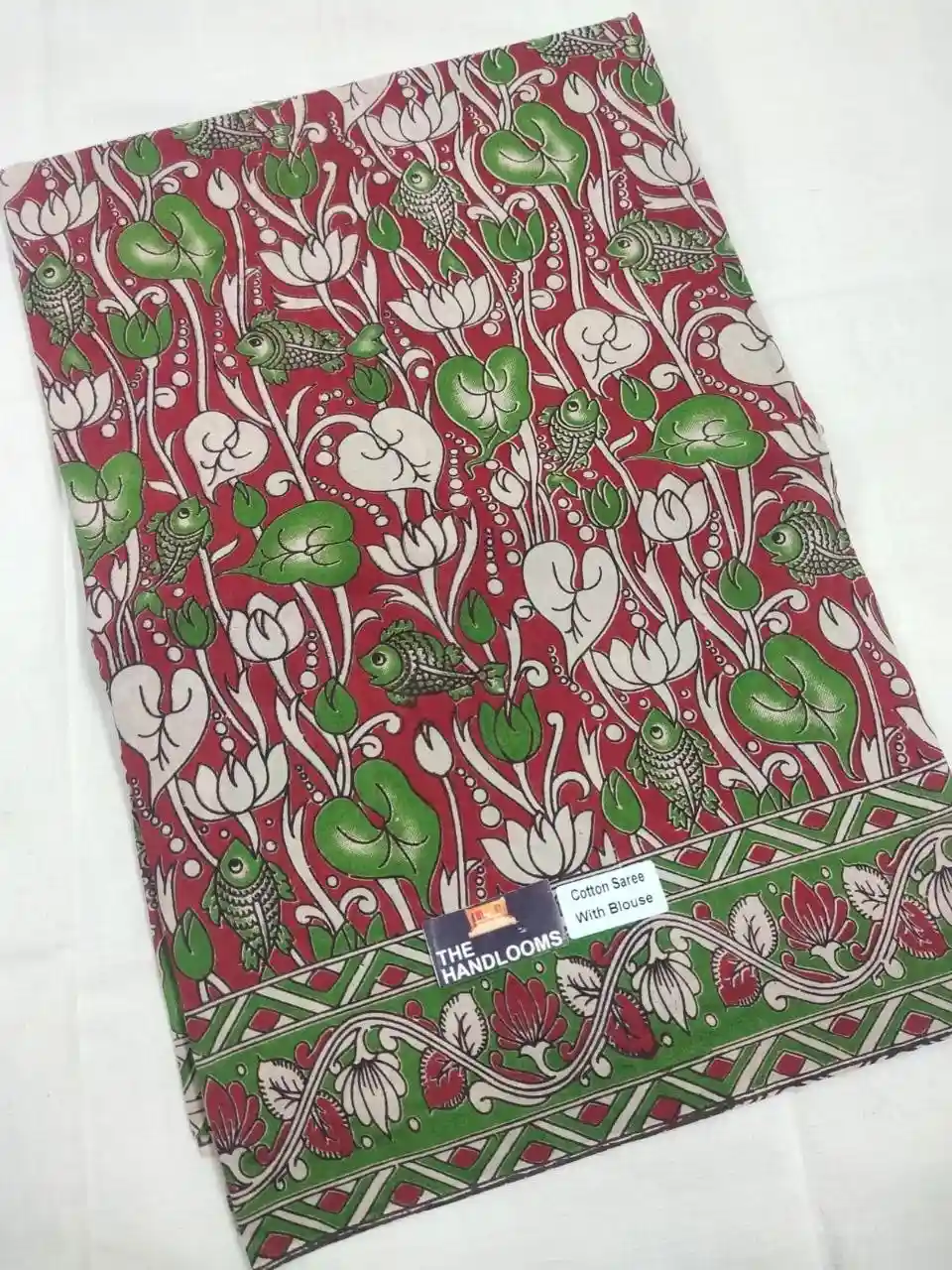 Red Lotus Fish Pond Kalamkari Pure Handloom Cotton Saree